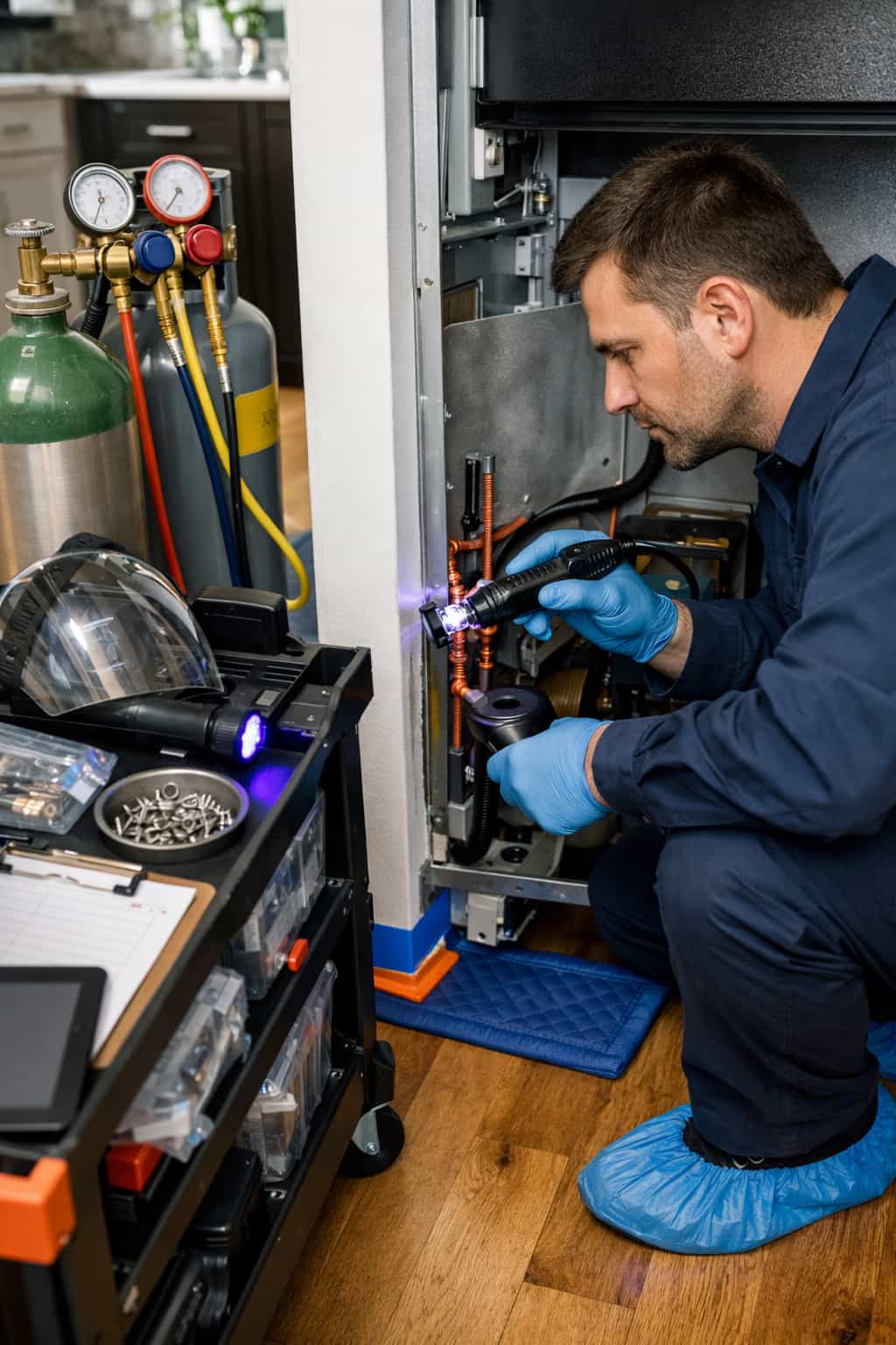 Senior technician leak-testing a built-in Sub-Zero sealed system on-site