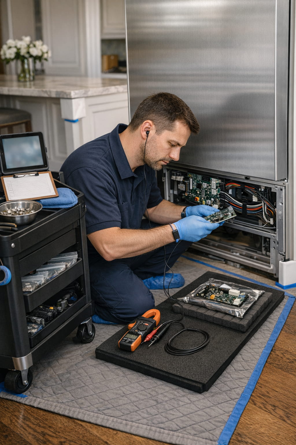 Control board repair on a built-in Sub-Zero in a protected premium kitchen